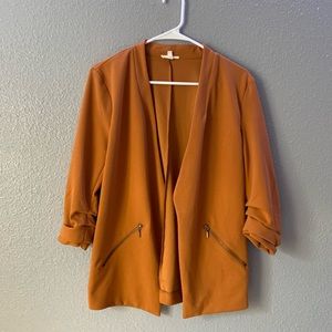 Mustard blazer with zipper pockets and 3/4 sleeves